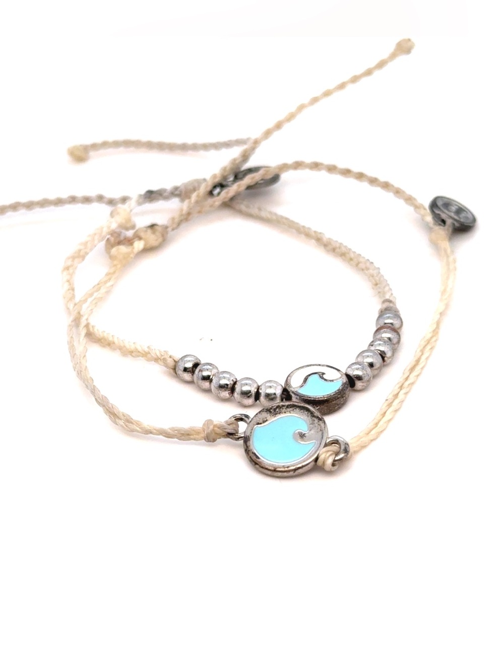 2 Pura‎ Vida Cream Cord Bracelet with Aqua Wave Charm
